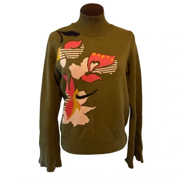 Anthropologie Knitted Knotted Olive Green MockNeck Abstract Floral Sweater sz M - Picture 2 of 16